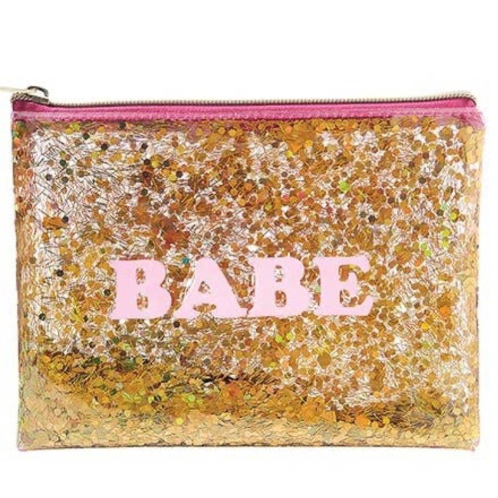 “BABE” on gold sequin & glitter in clear acrylic zipper cosmetic pouch-NWT